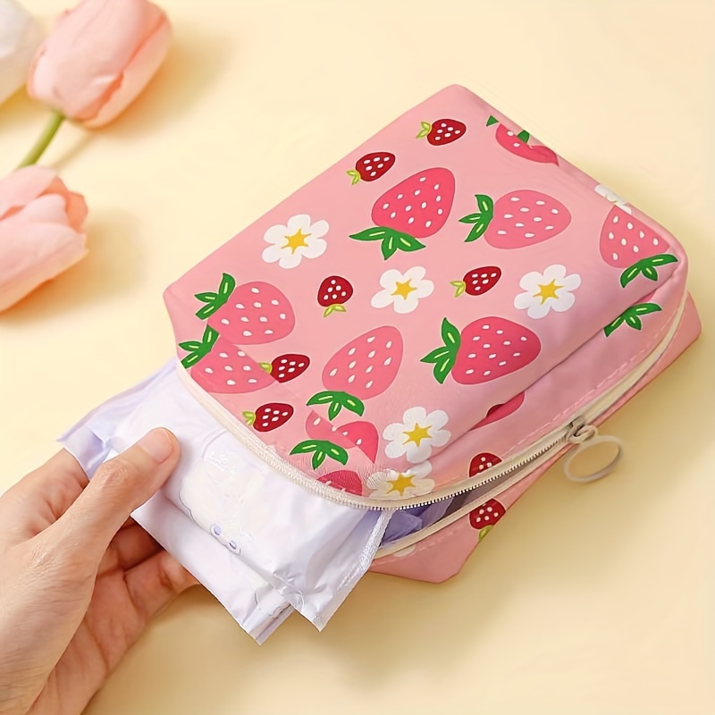 

1pc Pink Strawberry Printed Polyester Portable Large Capacity Sanitary Napkin Organizer Bag, Multi- Lightweight Storage Pouch For Candy And Miscellaneous Items