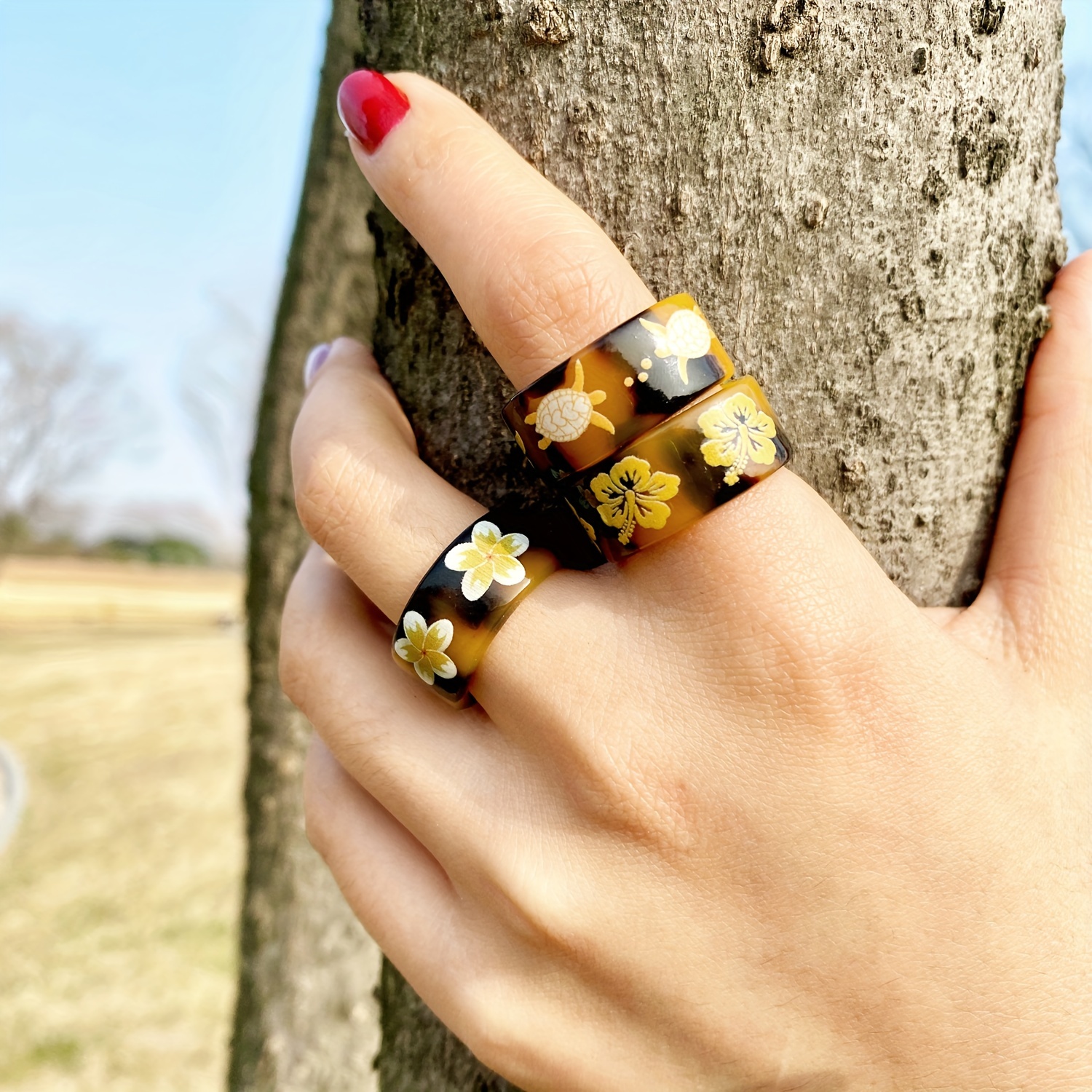 3pcs Hawaiian Tropical Flower Animal Printed Open Ring Set