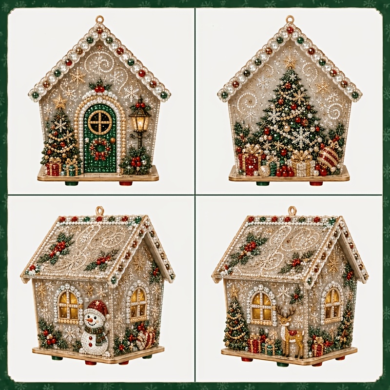 TEMU 3d Pearl Christmas House Diamond Painting Art Set, Wooden Christmas House Ornament Craft, Suitable For Adult Pearl Art Kit Christmas Tree