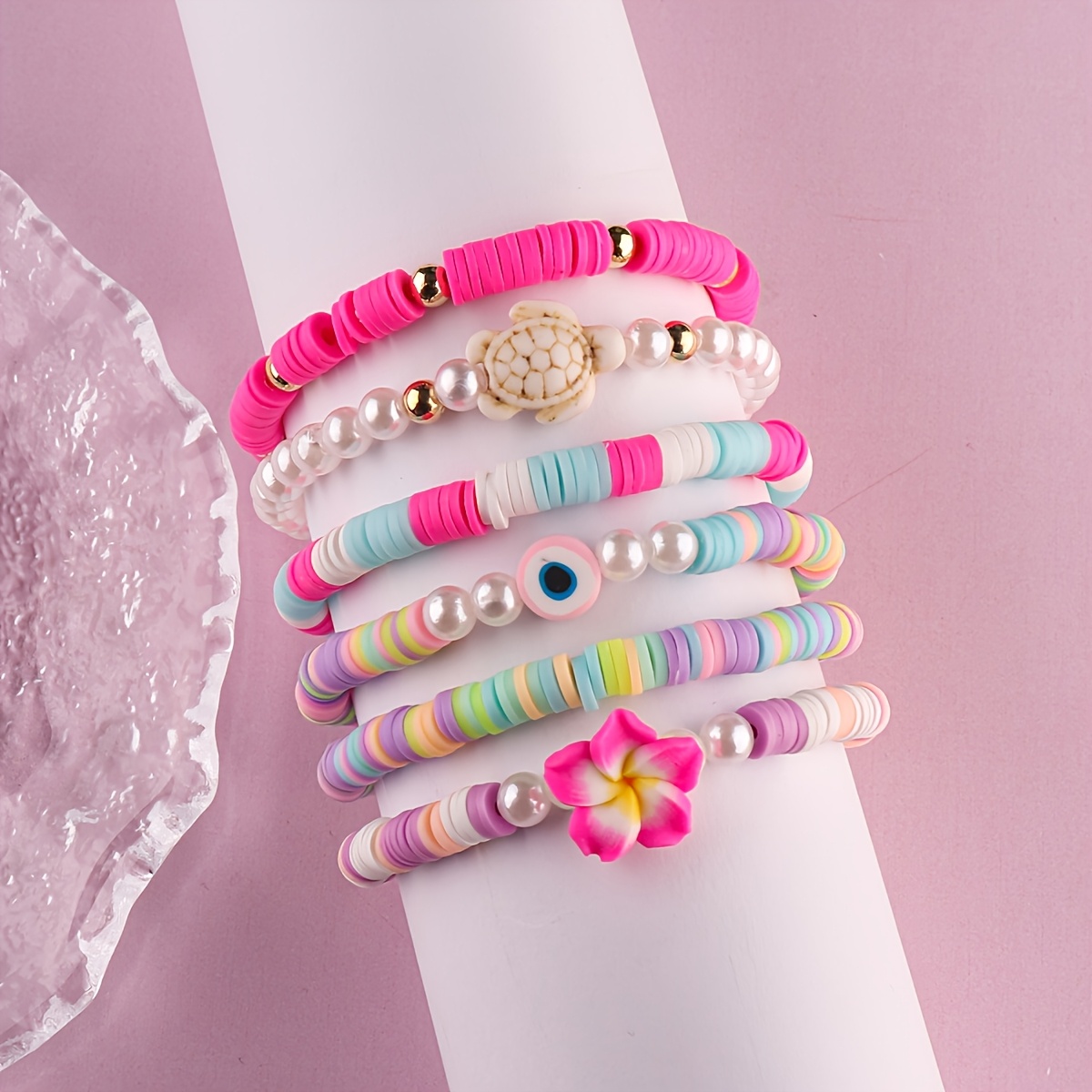 Boho Frangipani Turtle & Starfish Bracelet Set, Beach Themed Jewelry