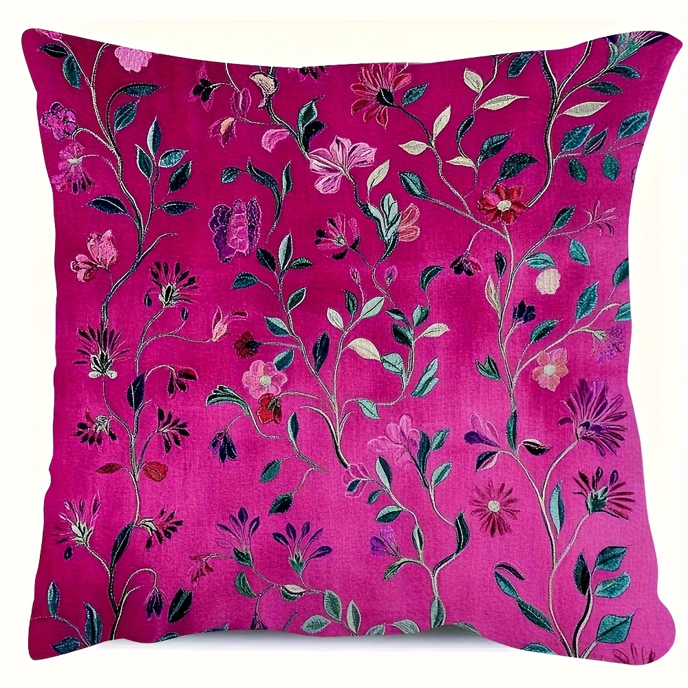 TEMU 1 Vintage-style Magenta Floral Pillowcase, 18x18 Inches, Single-sided Print On Polyester Fabric With Zipper Closure - Machine Washable, Sofa And