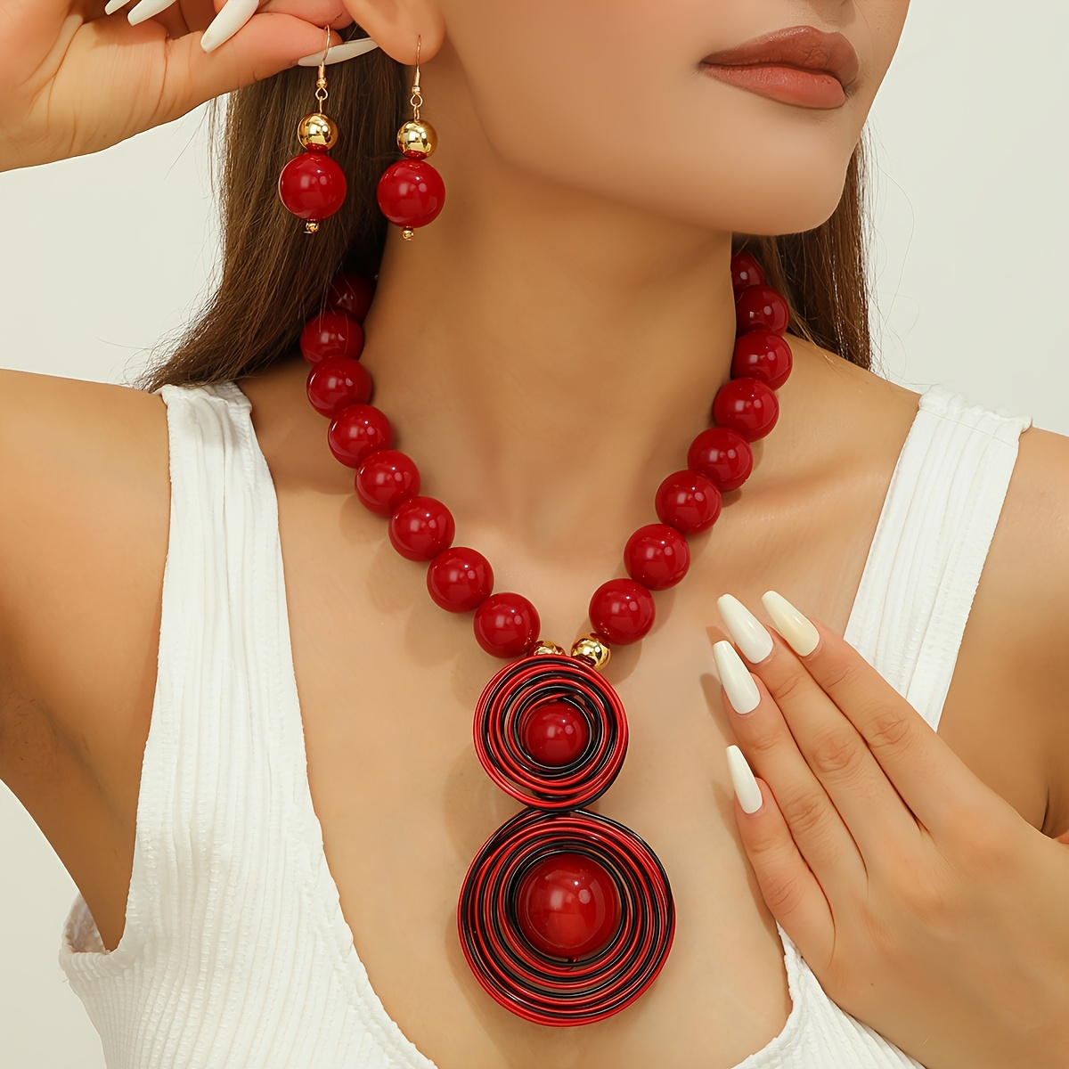 TEMU Set collana con ciondolo e orecchini con perline di pietre preziose sintetiche in stile boh矇mien a
