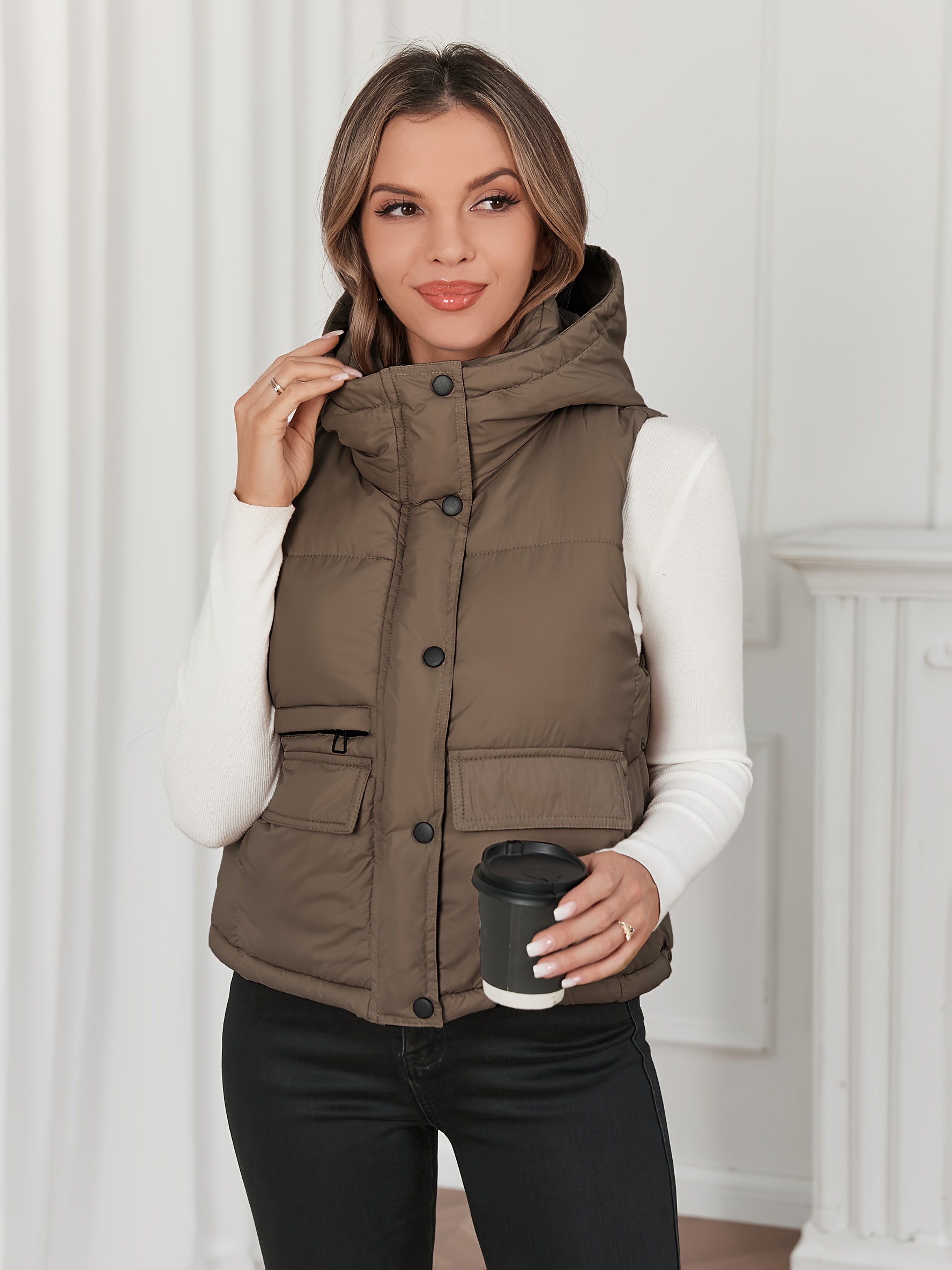 Womens Vest Jacket Khaki Hooded Sleeveless Coat Casual