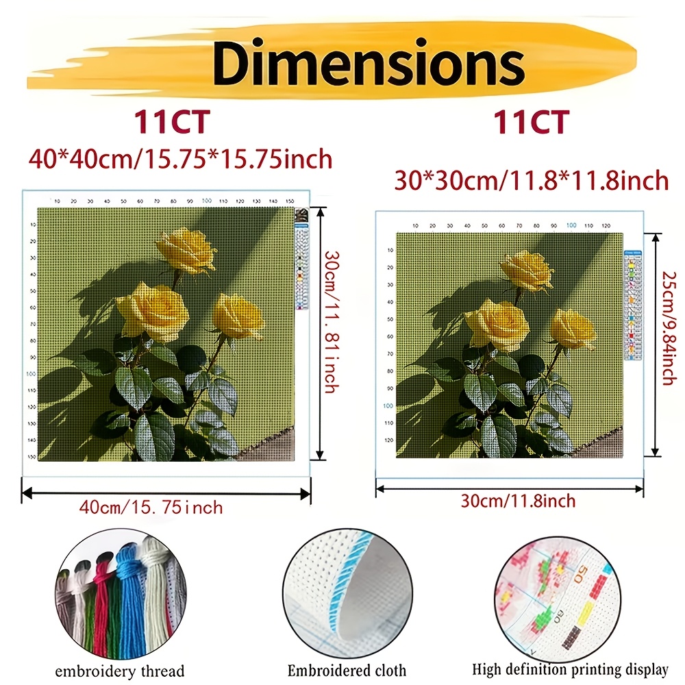 DIY Cross-Stitch Printed Kit, Three Yellow Roses Against a Wall