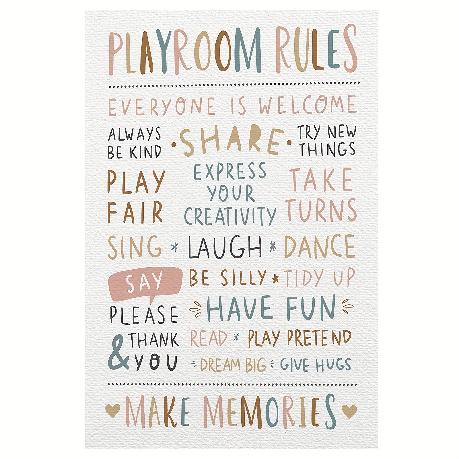 TEMU 2d Flat, 1pc Frameless Playroom Rules Canvas Wall Art - Boho Neutral Colors With Positive Behavioral Phrases, 12x18 Inch Kids Bedroom Nursery