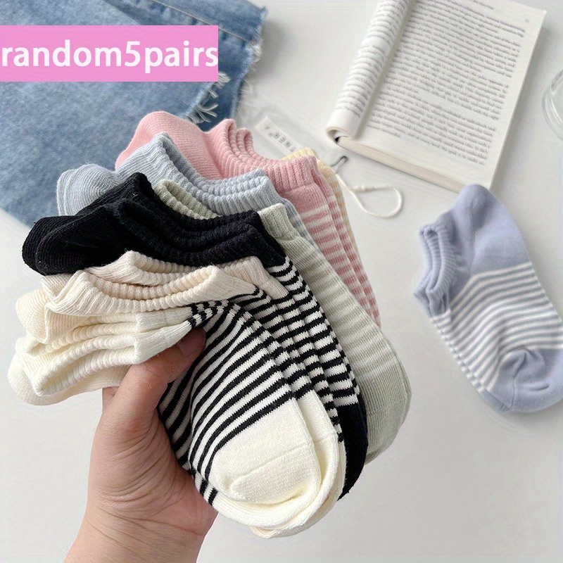 TEMU Random 5 Pairs Women's Spring/autumn Easy Shallow Mouth Invisible Cute Striped Socks, Sweat-absorbing Boat Socks, Suitable For Daily Wear,
