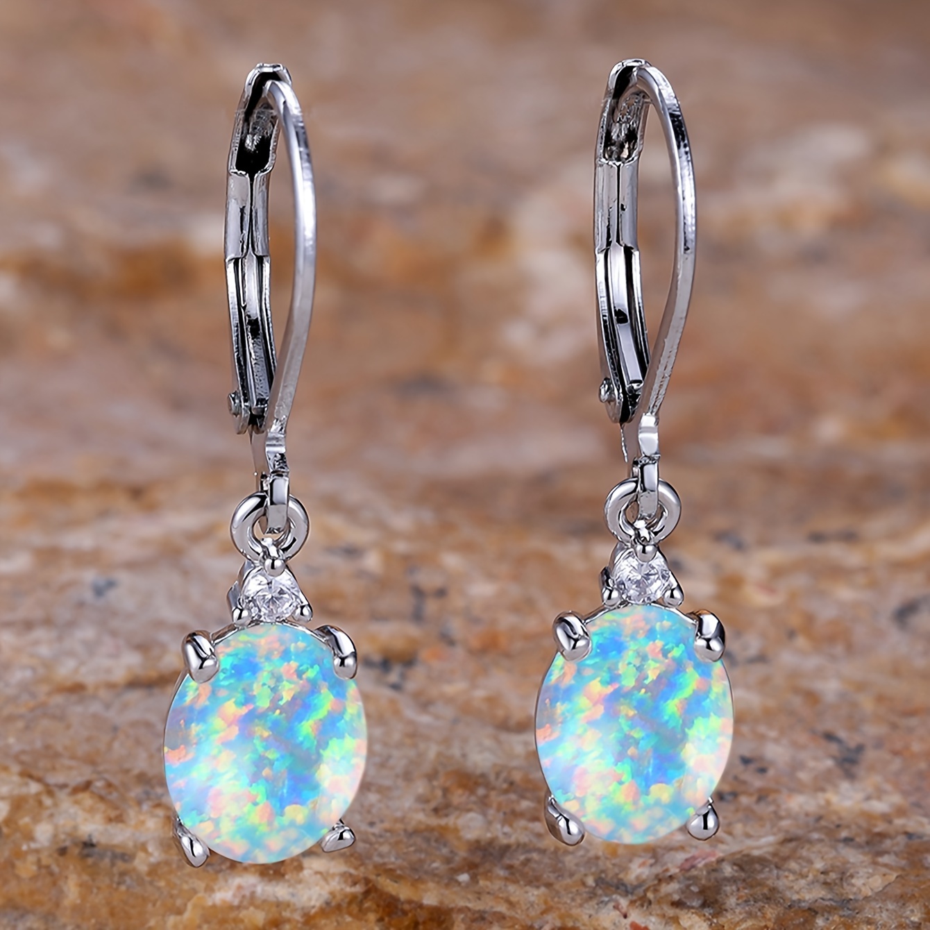 

1pair Silvery Leverback Earrings With White Fire Opal, Bohemian Elegant Style, Oval Egg-shaped Birthstone Drop Dangle Earrings, Charming Jewelry Gift For Women