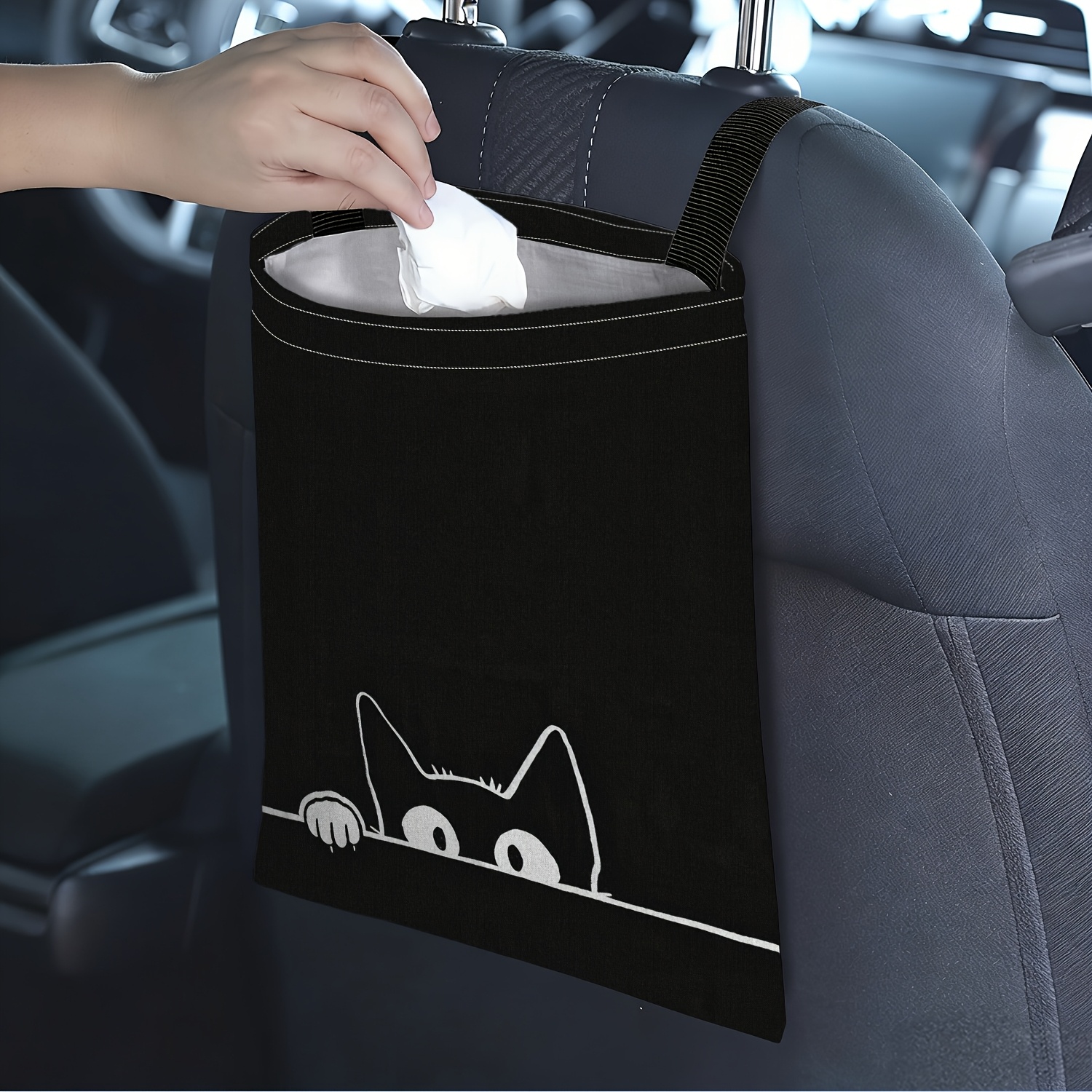 TEMU 1pc 2d Flat Printing Car Hanging Trash Bag, Car Trash Bag, Black Cat Peeking From Mysterious Corner Theme, Made Of Premium Fabric, Interior