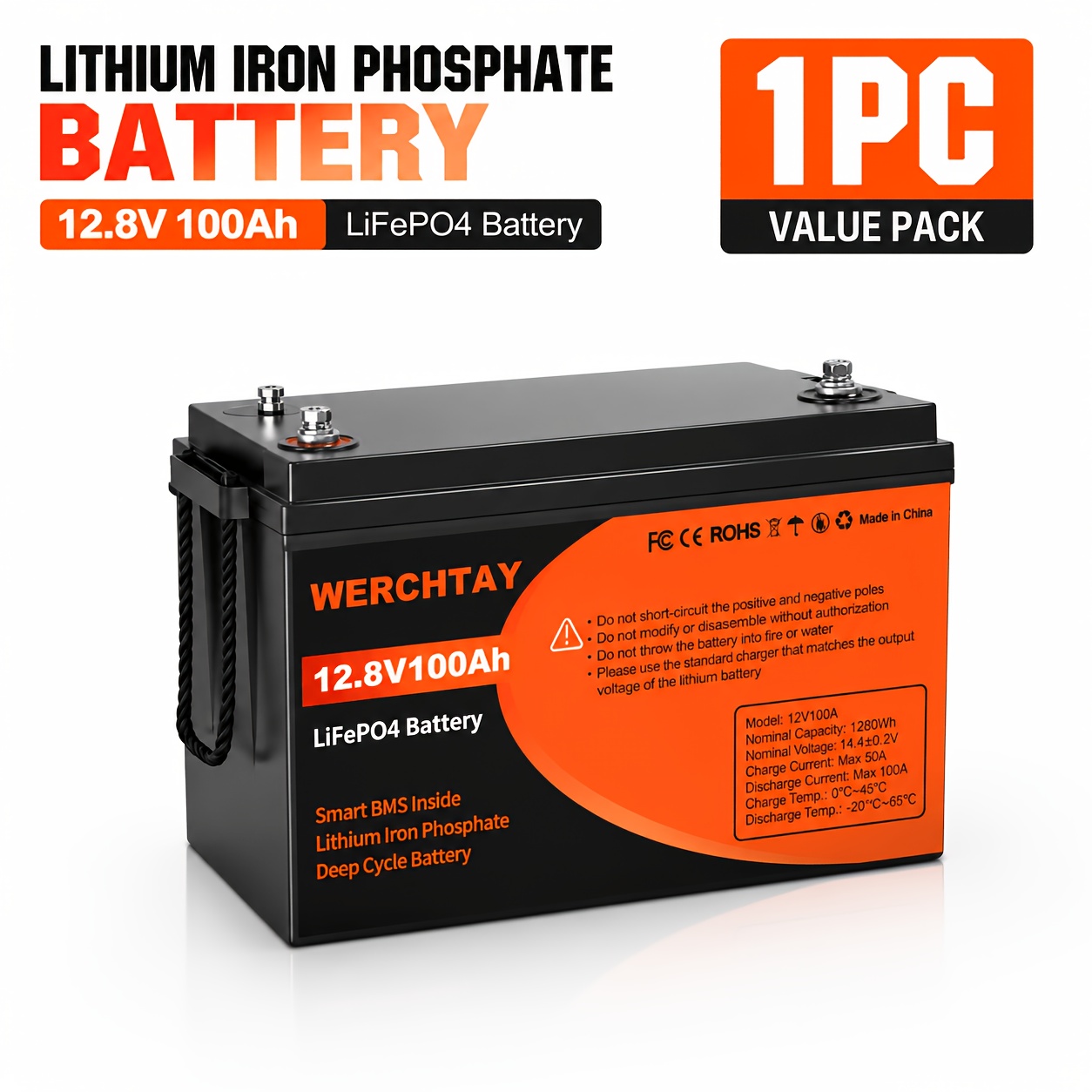 TEMU Batería de litio LiFePO4 de 12V 100Ah, 1280Wh de energía, batería de litio de 12V con BMS incorporado, más de 20000 ciclos de descarga profunda,