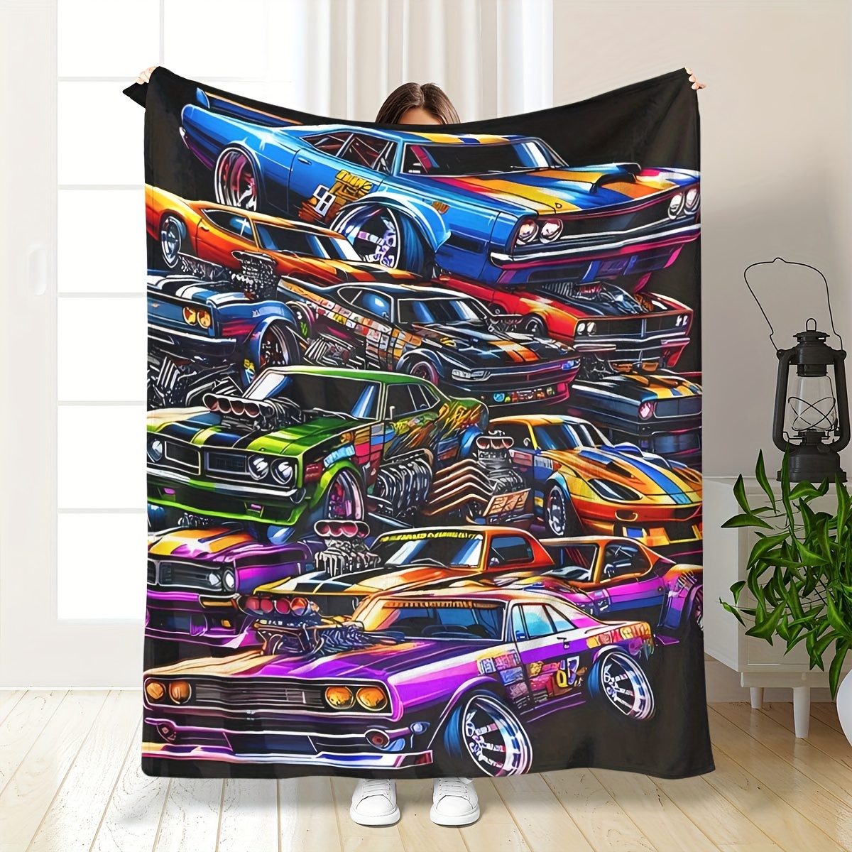 

Vintage Car-themed Throw Blanket - Hypoallergenic, Stain-resistant, Comfort For Sofa, Bed, Office And Travel - Machine Washable Knitted Polyester Fabric, 200-250g Weight