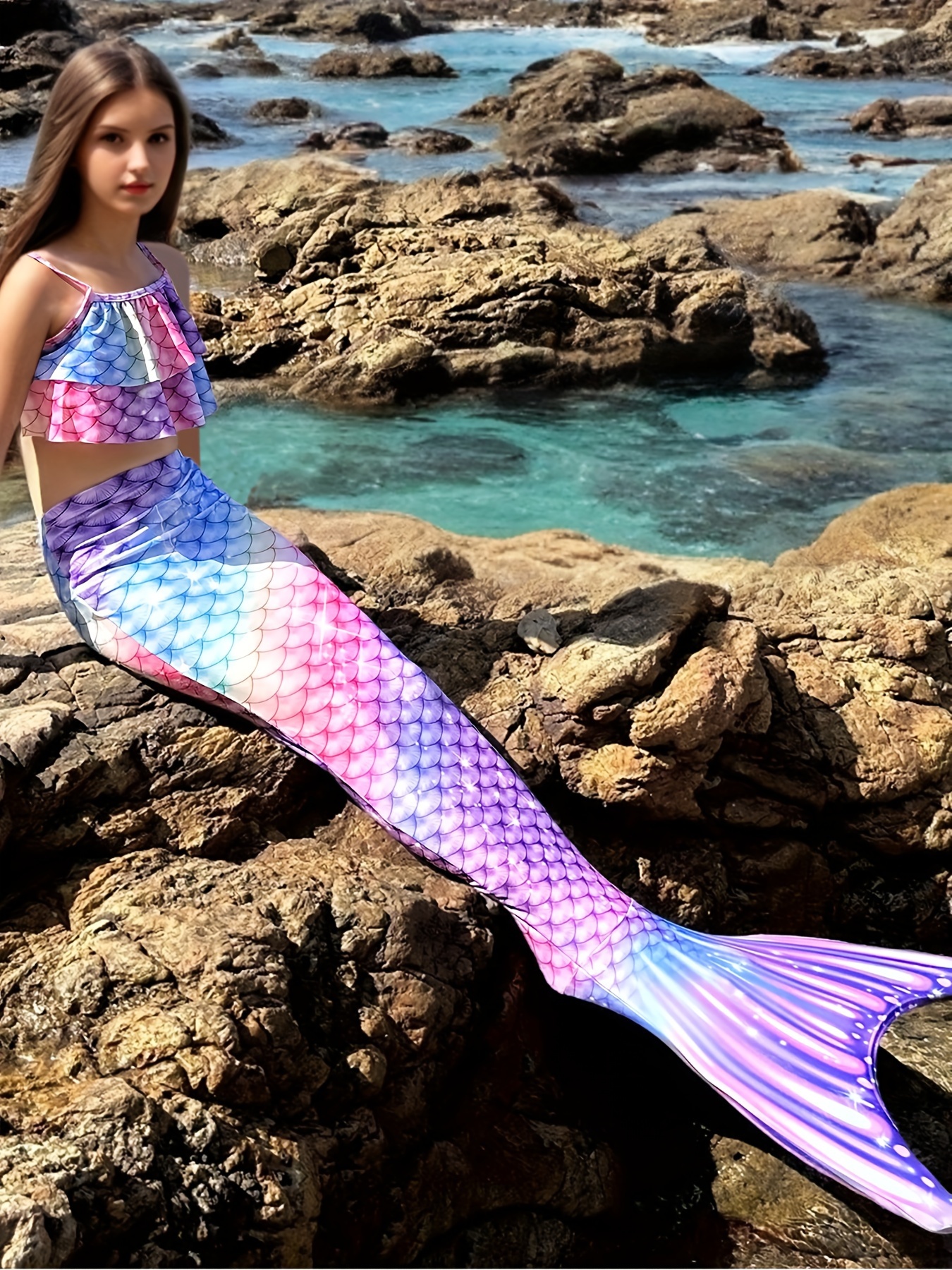 Mermaid Tail Swimsuit For Girls Swimming 3Pcs Bathing Suitfor 3 12 Year Old Without Monofin