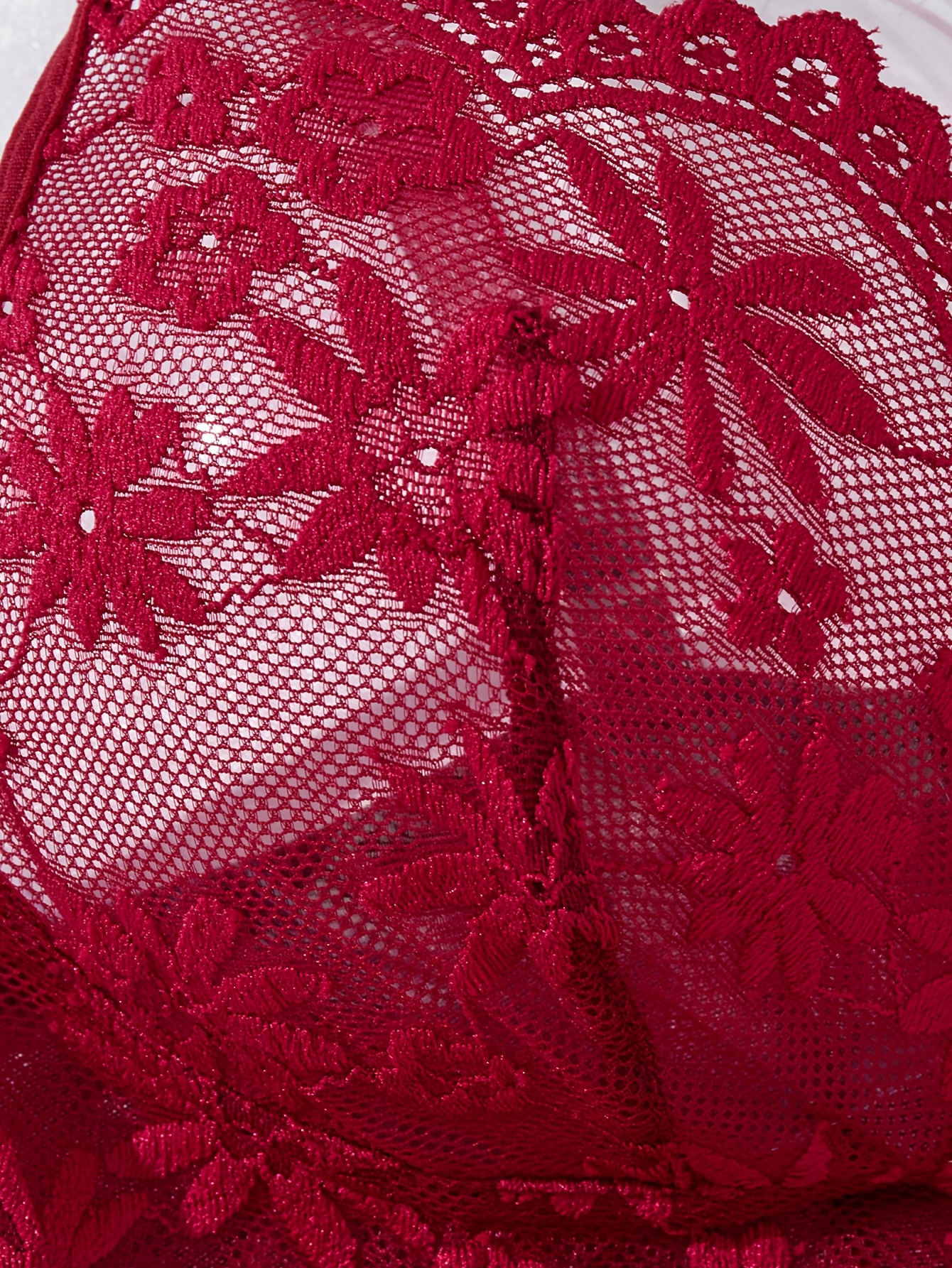 elegant solid color   short sleep dress wine red lace mesh panel bra fashionable semi sheer   nightwear with dual straps Product details 2