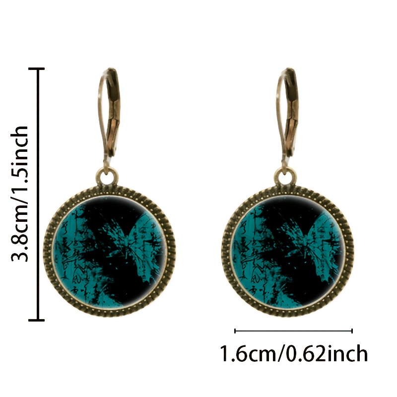 2pc Cyan Classic Pendant Earrings Set, Ink Wash Design