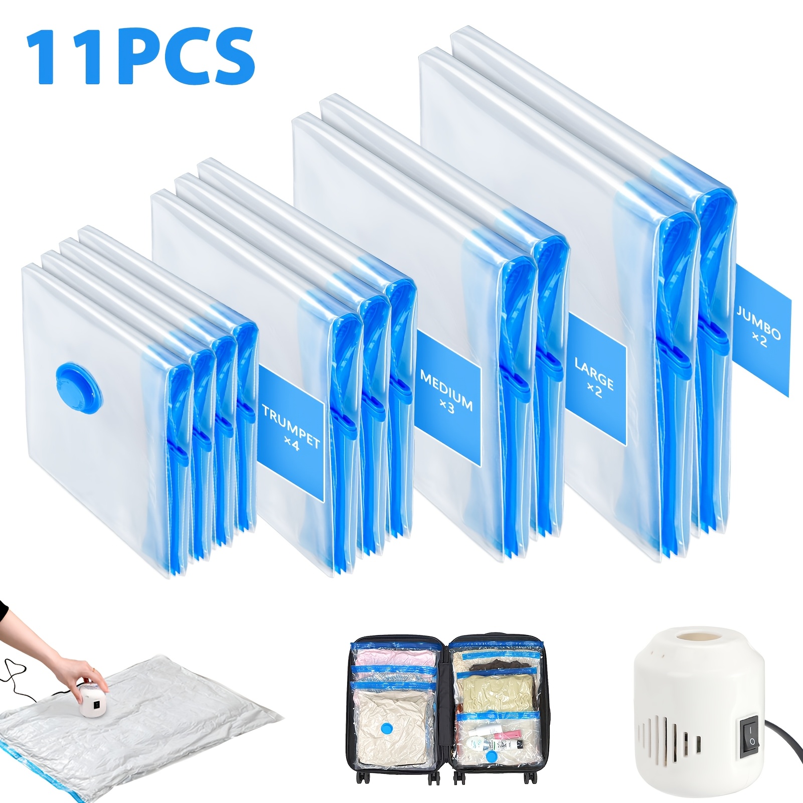 TEMU Set Of 11 Travel Vacuum Storage Bags With Electric Pump, Travel Compression Bags, Vacuum Sealed Space-saving Compression Bags, Luggage And