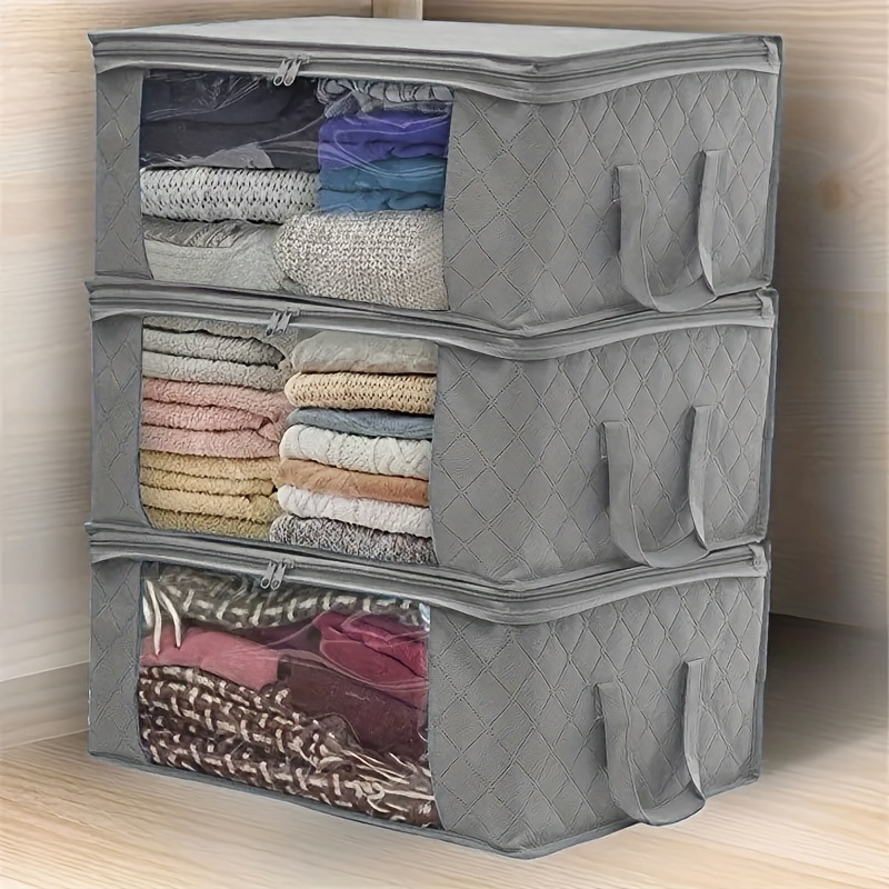 

3pcs Clothes Storage Foldable Blanket Storage Bags Storage Containers For Organizing Bedroom Closet Clothing Comforter Organization And Storage With Lids And Handle, Gray, Off-white