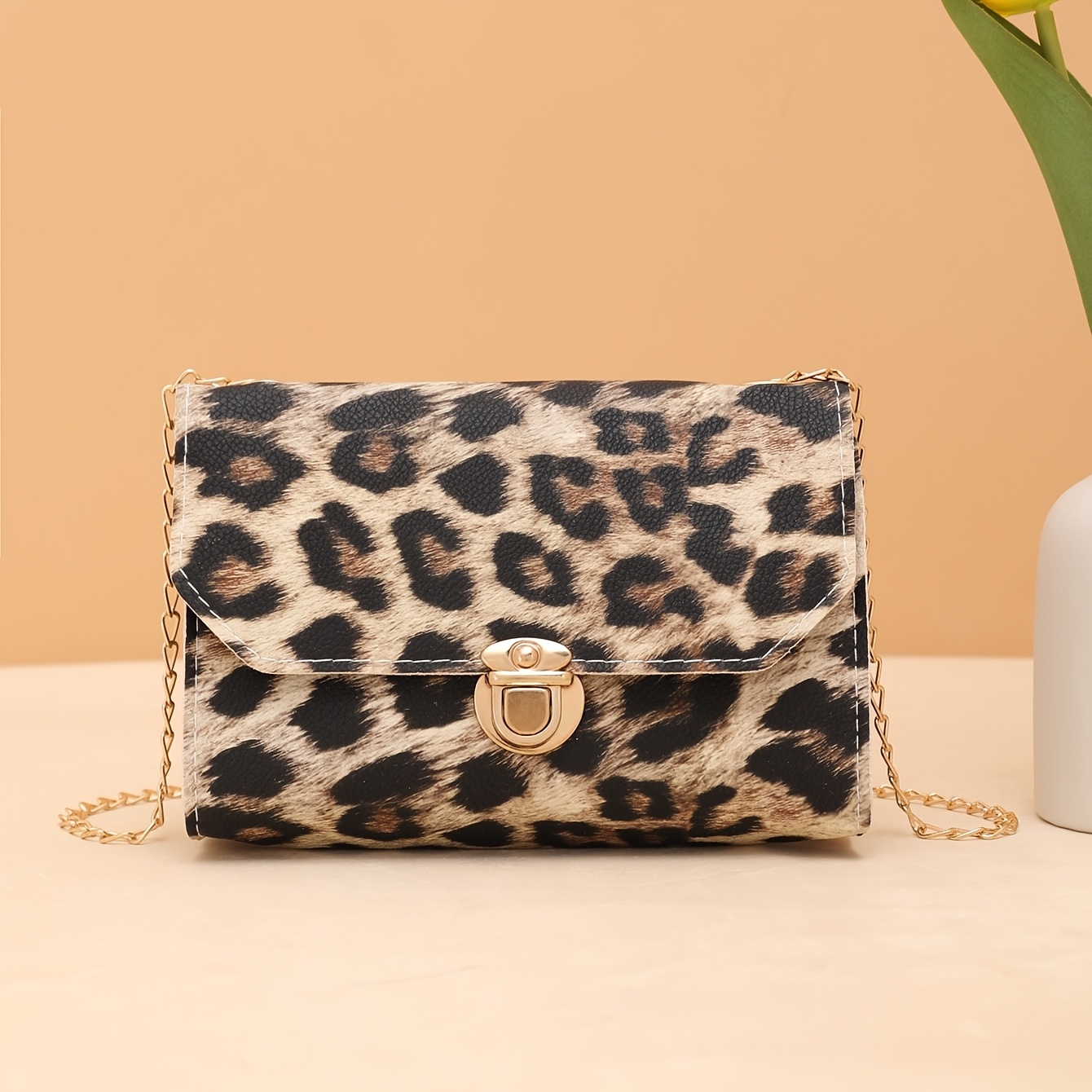TEMU Everyday Shopping Textured Fashionable Versatile Shoulder Bag, Chain Animal Print Small Square Bag