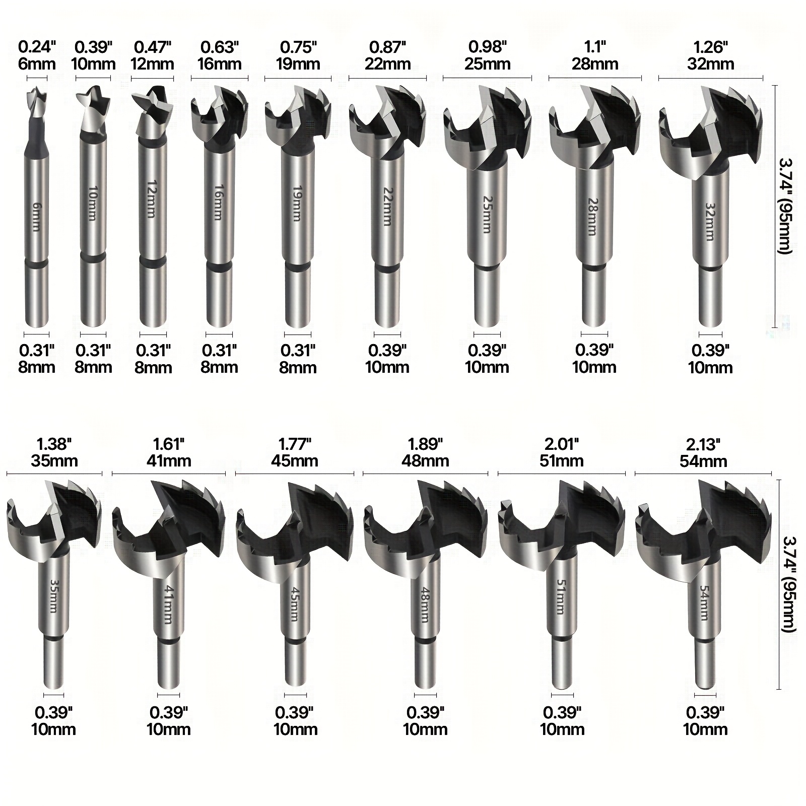 16pcs/set 6-54mm Carpenter High Carbon Steel Tips Woodworking Tool Cutter Hinge Boring Drill Bits Round Shank