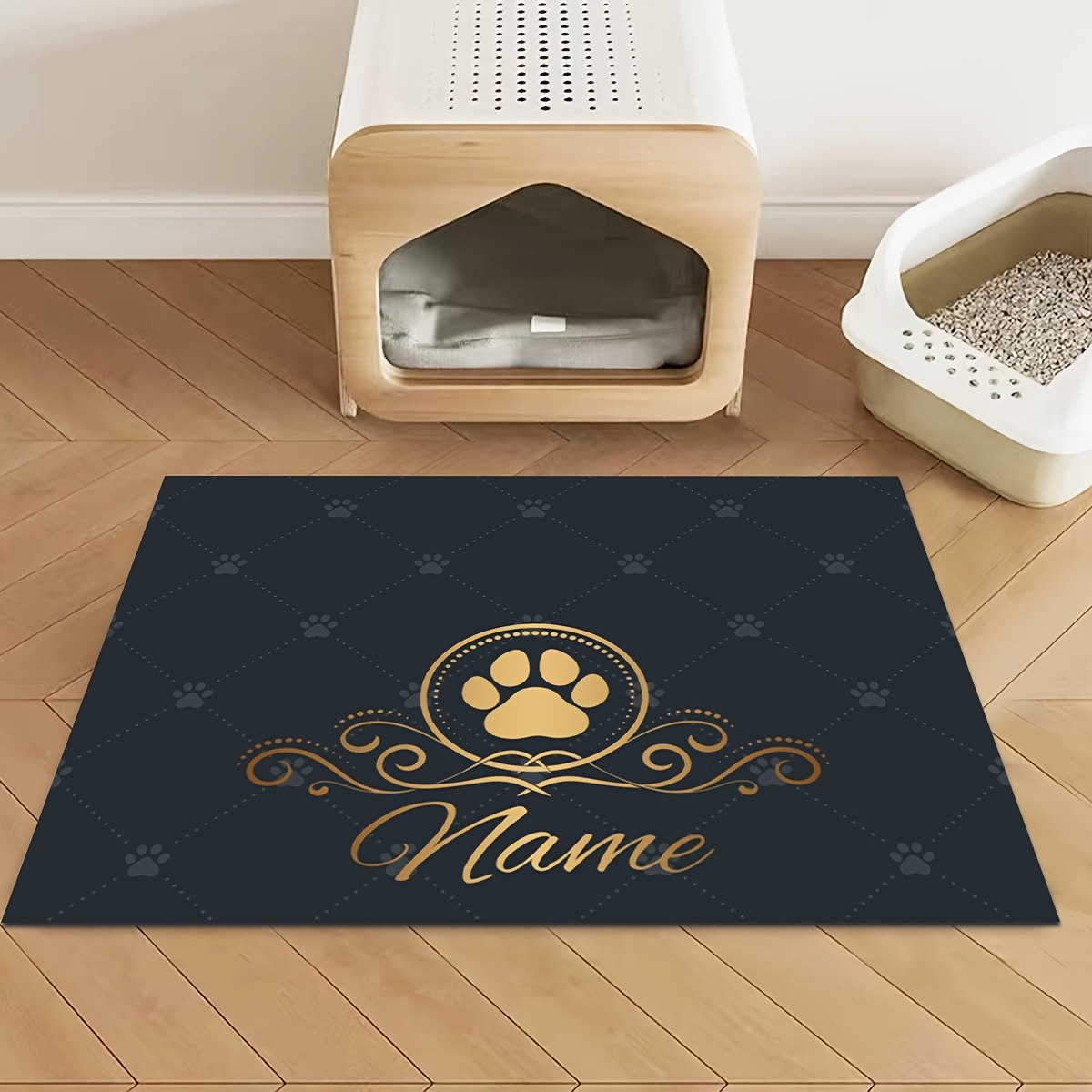 TEMU (customizable) 1pc, Customizable Name/slogan Pet Feeding Mat, Light Luxury Dark Pattern Exquisite Paw Print Pattern Print, Pet Feeding Mat, Dog