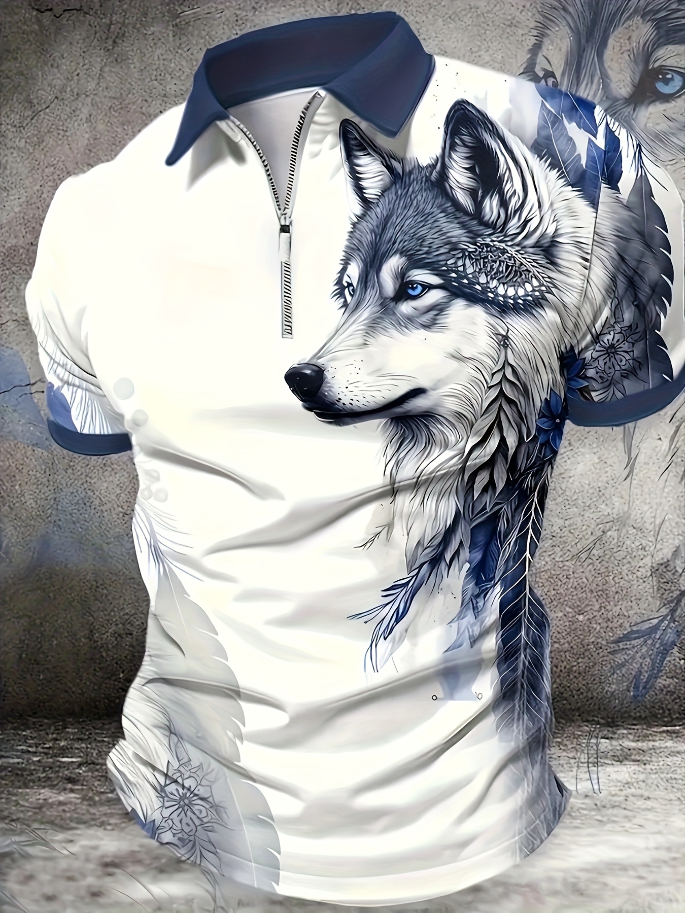 mens 3d wolf print shirt stylish white blue breathable polyester short sleeve slightly elastic collar   work or streetwear casual attire   pattern shirt polyester fabric