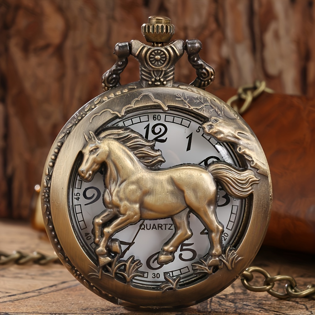 vintage hollow horse cute animal pocket watch ancient copper color necklace gift pocket watch details 0