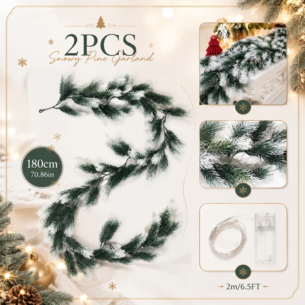 TEMU 2pcs Winter White-green Gradient Illuminated Norfolk Wreath, With 6.5ft Led, A Warm And Romantic Christmas Atmosphere. Ideal For Fireplaces,