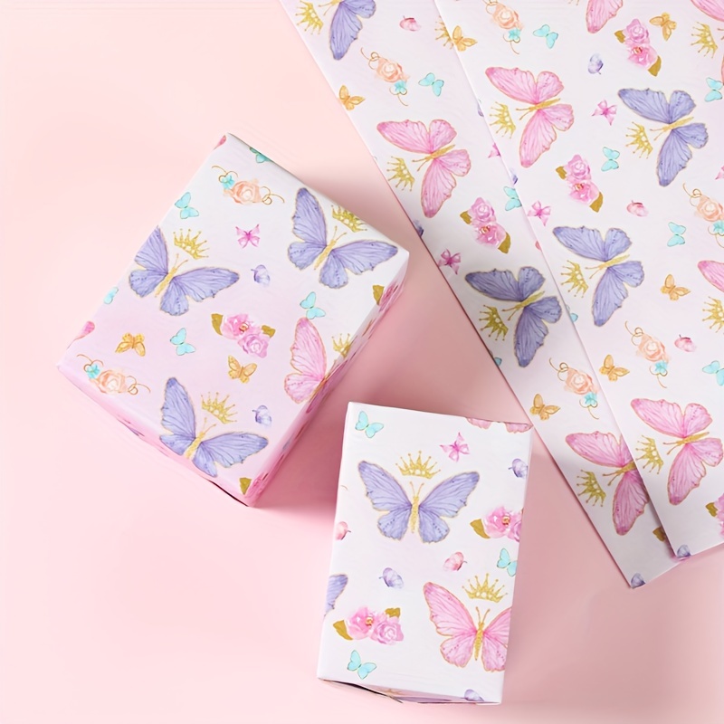 

6pcs Pink Butterfly Gift Wrapping Paper - Birthday, Gender Reveal, Wedding Anniversary Party Supplies - Decorative Paper With Butterfly Pattern For Gifts Packaging