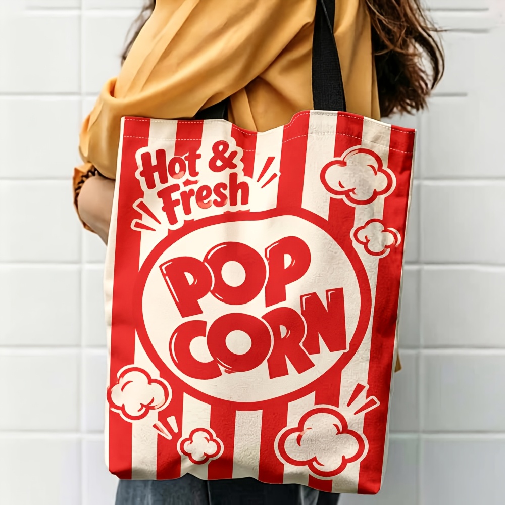 TEMU 1pc 2d Printed Popcorn Pattern Shoulder Bag, Stripe Fashionable Daily Tote Bag, Multifunctional Stylish Lightweight Large-capacity Women's
