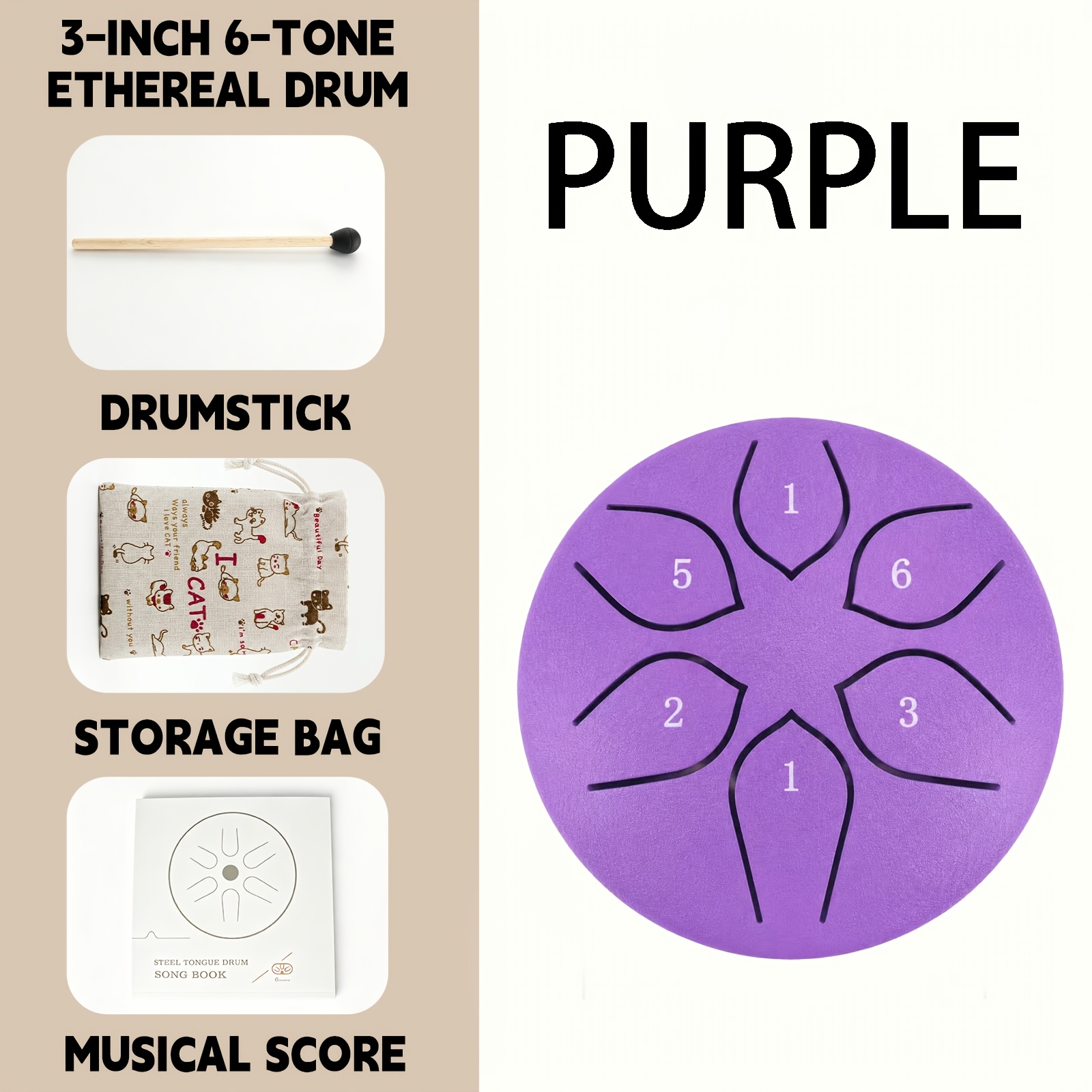 TEMU Garden Rain Drum For Outside Musical Instrument, 3 Inches 6 Notes , Steel Tongue Drum, With Mallet, Music Book, Pouch, Percussion Yoga Gifts