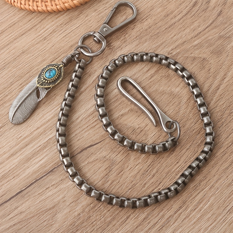 TEMU 1pc Vintage Distressed Metal Chain Keychain, Unique Feather-inlaid Turquoise Pendant Bag Charm, Trendy And Versatile Unisex Key Fob, Creative