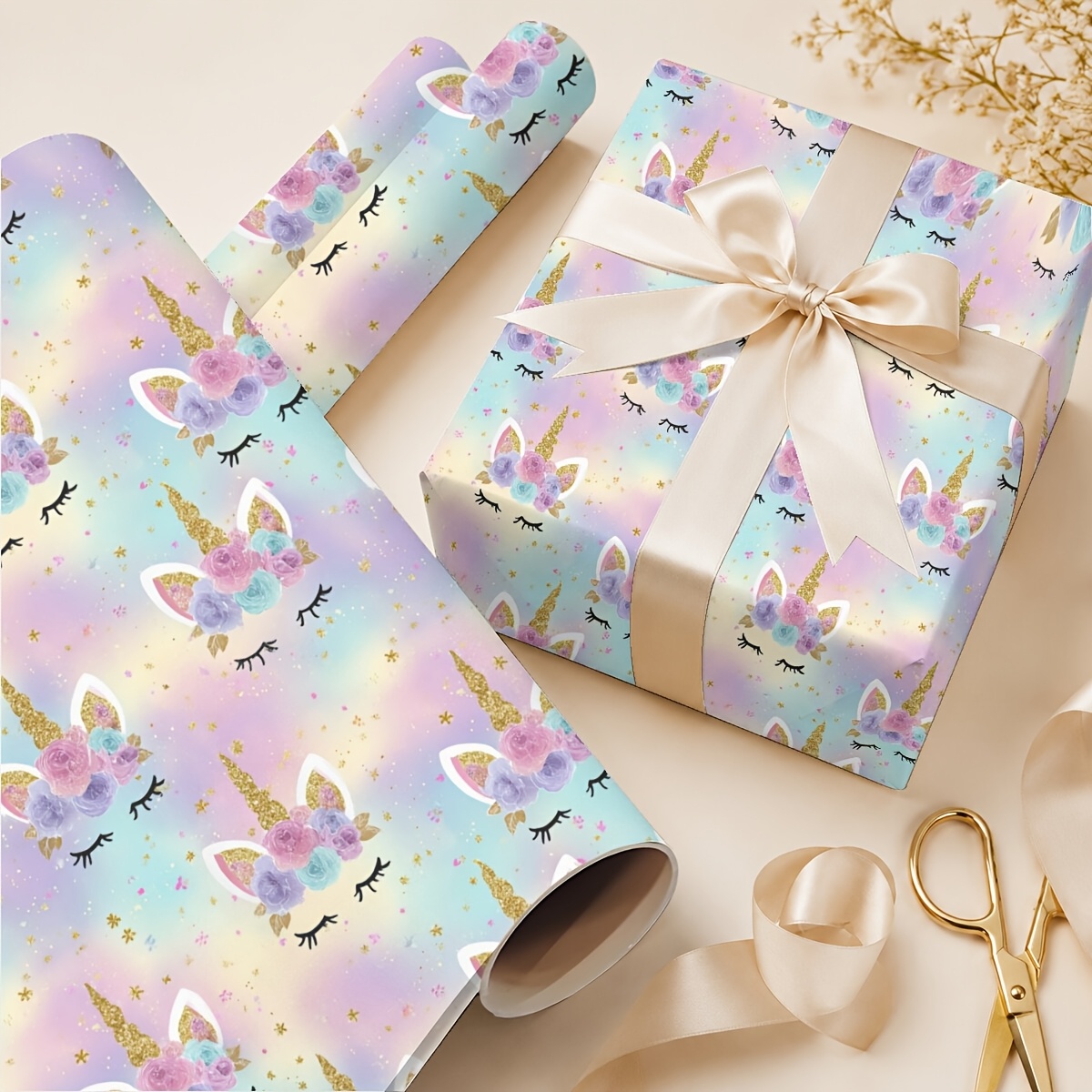 TEMU Rouleau de papier d'emballage à motif floral licorne magique, 19.69In X 118.11In, papier cadeau floral pour femmes et filles, idéal pour les