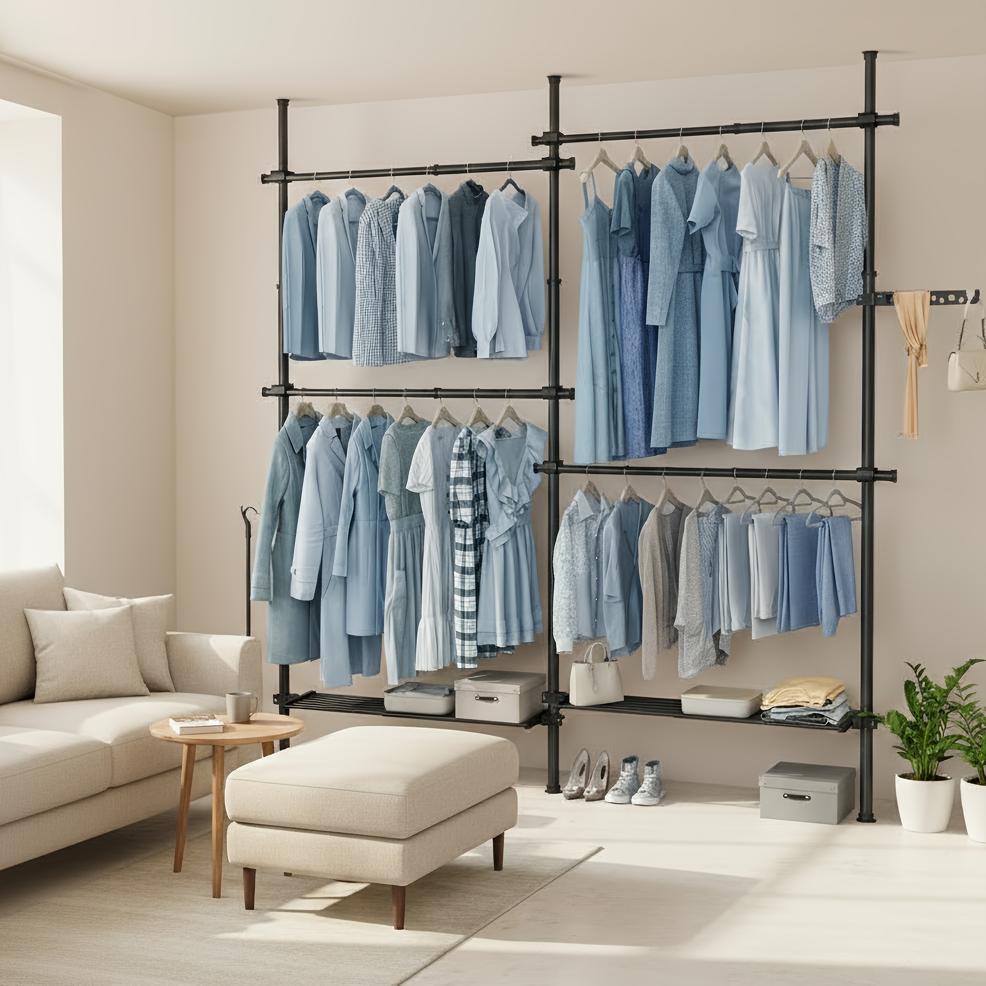 Adjustable 3- Rack, Featuring An Open Wardrobe Design With 4 Hanging Rods And 2 Shelves, In Black Color