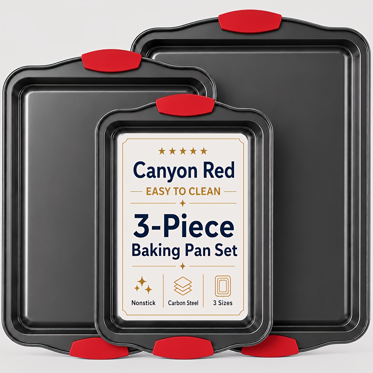 TEMU 3pcs Carbon Steel Oven Baking Pans Set With Detachable Silicone Handles, Premium Steel Bakeware Set, Commercial Grade Rimmed Sheets, Easy-clean