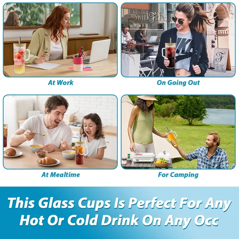 2 4pcs handle car cup 24oz high borosilicate glass cup without bpa with bamboo lid and straw suitable for use with iced milk lemonade preparing for party free sealing lid and brush Product details 2