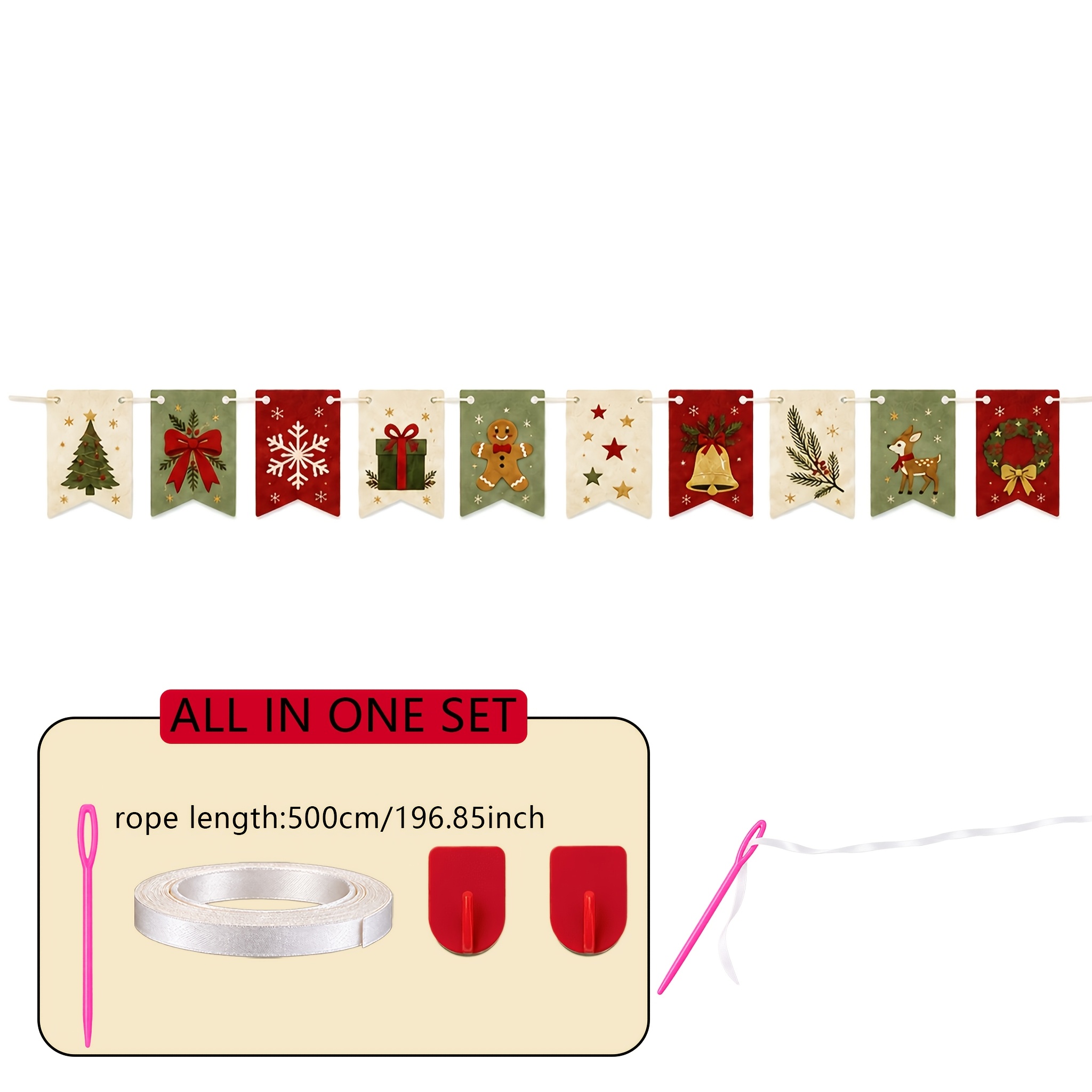 TEMU 10pcs Set Of Red, Green, And White Felt Banners, Christmas Felt Banners, Christmas-themed Patterns, Suitable For Wall, Window, And Door Frame