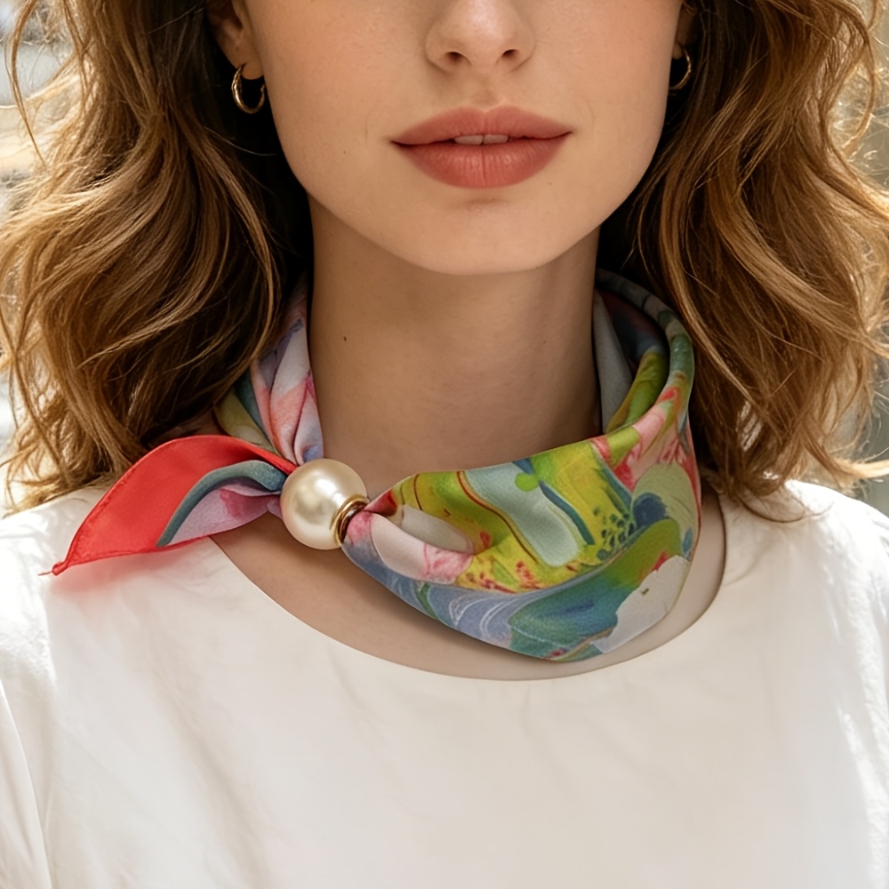 TEMU Oil Painting Style Scarf, Lazy Knot-free Satin Square Handkerchief, Gentle Artistic Decor Scarf, Abstract Watercolor Gradient Print Scarf, Pearl