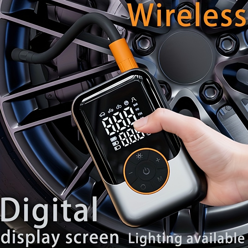 Inflador de neumáticos portátil inalámbrico con manómetro digital, luz LED incorporada y mantenimiento automático de presión, diseño compacto y elegante | Compresor de alta tecnología para autos, motocicletas, bicicletas y equipo deportivo, con cargador USB