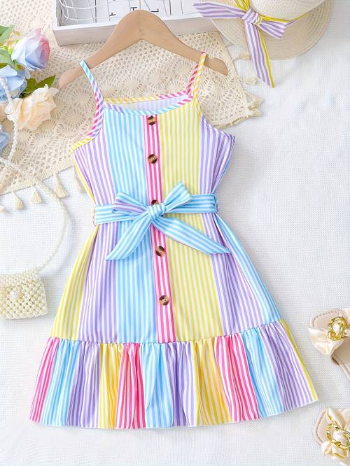 girls summer striped sleeveless dress with ruffle hem adjustable waist tie pastel vertical stripes button details breathable for outdoor play casual summer dresses for girls design comfortable wear