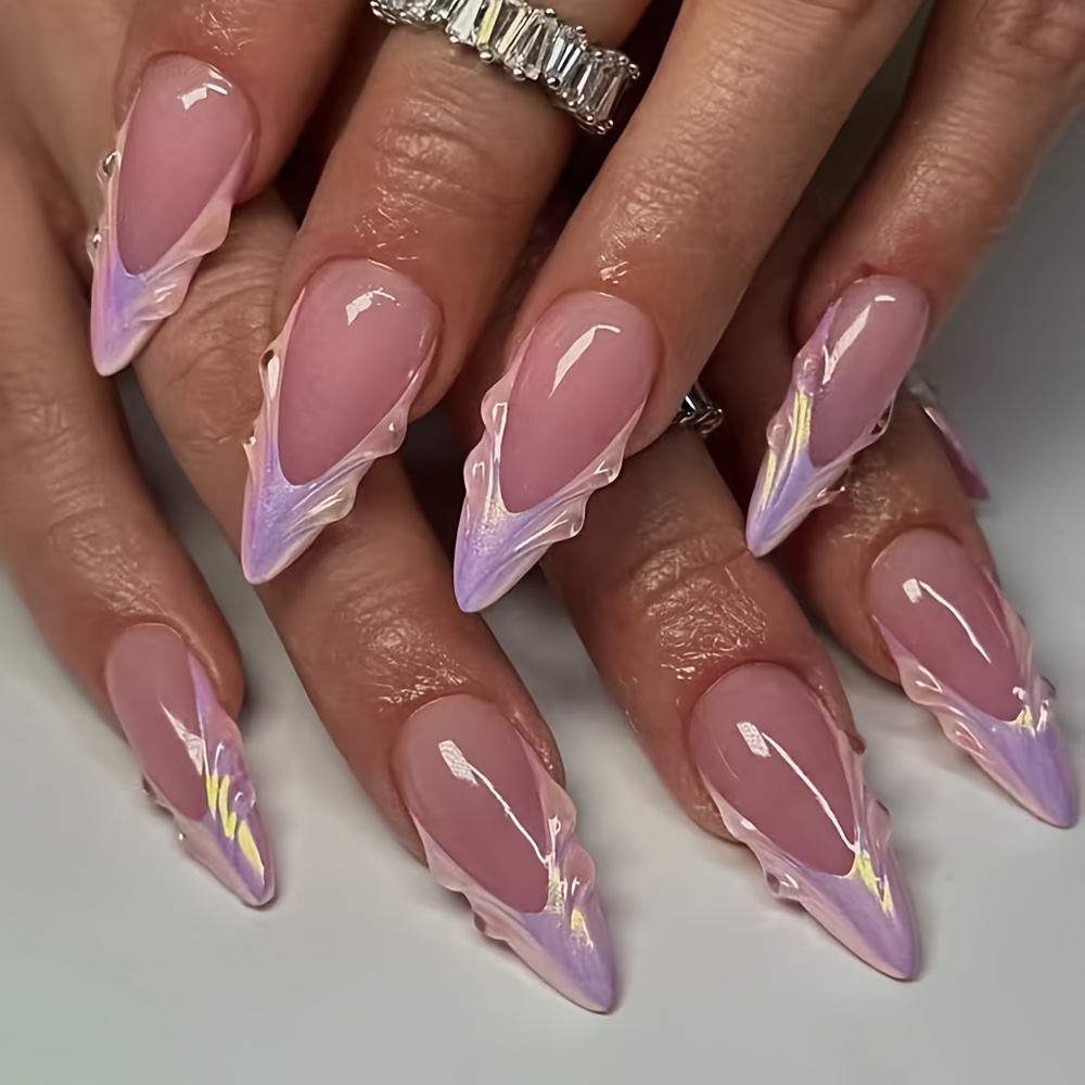 TEMU 24pcs Of Chinese Almond-shaped Fake Nails, 3d Three-dimensional Drop Glue Water Ripple - Wearing Nail Design, Patch Detachable Fake Nails