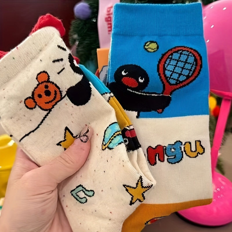 

4pairs/autumn And Winter Ins Trendy Cartoon Cute Original Socks Girls Mid-calf Socks Simple Mid-calf Socks Students