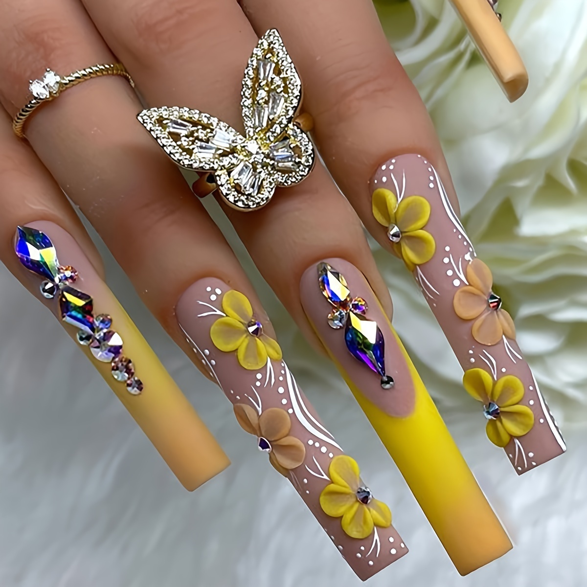 

24-piece Super Long Square Press-on Nails Set - Matte Yellow With Gradient Floral Art & , Party & Daily Wear