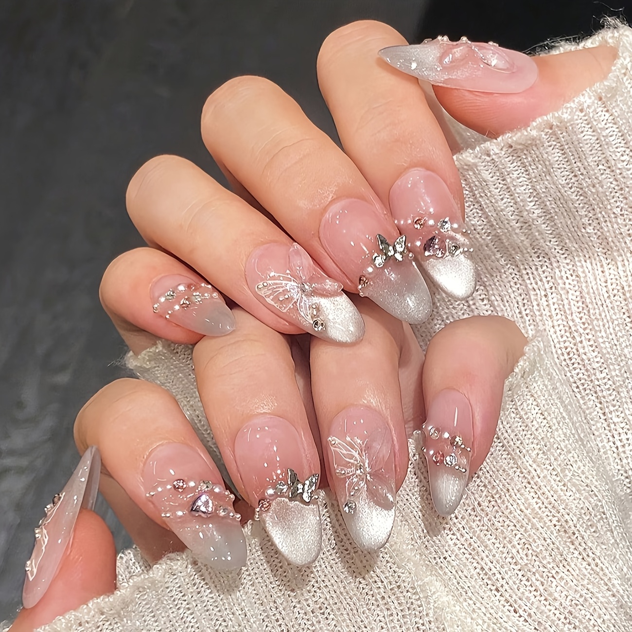 TEMU 10pcs Handmade Pink Silvery Gradient Rhinestone Coffin Press On Nails, Nude Ombre Pearlescent Charm Glossy Fake Nails, Reusable Glue On False