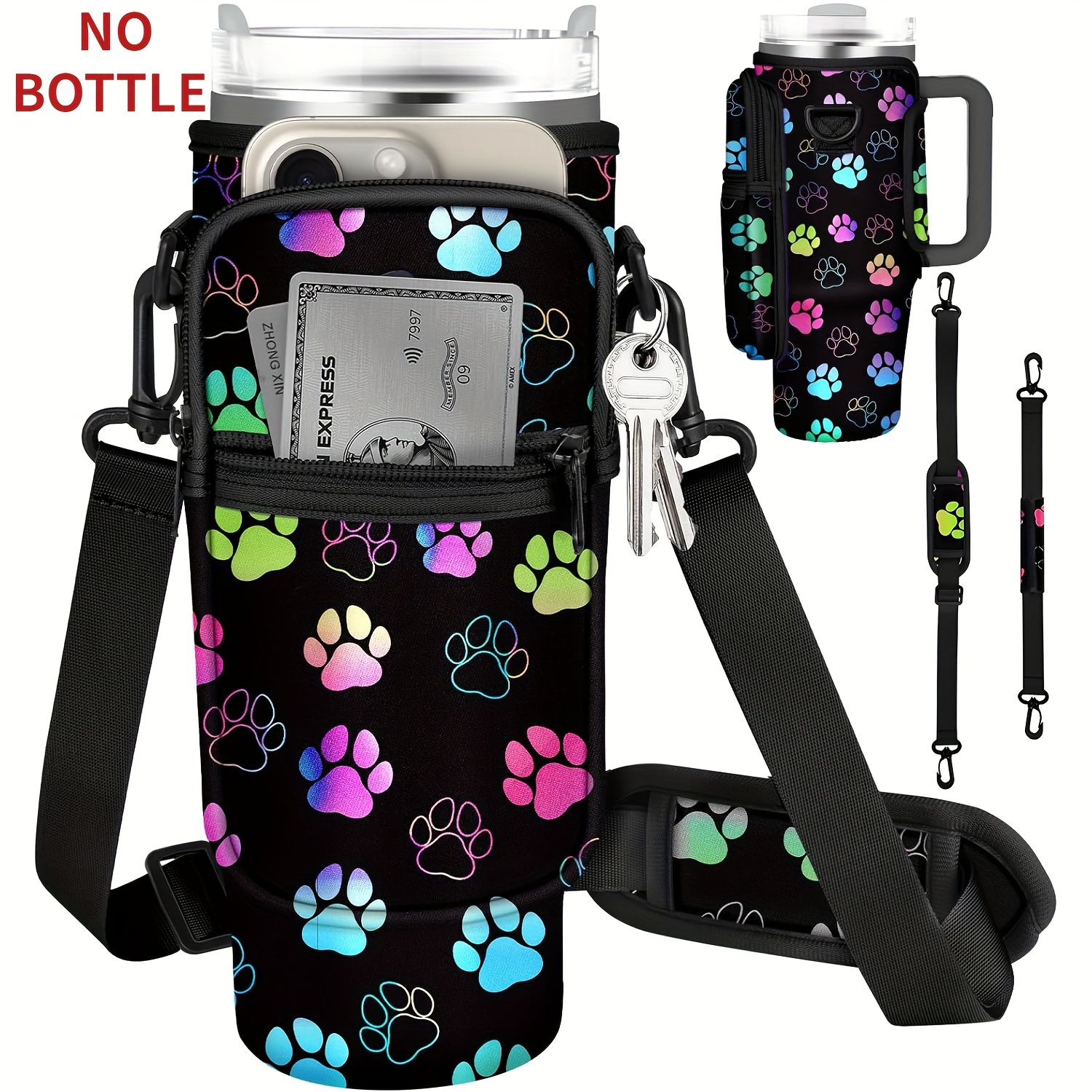 

Insulated Neoprene Water Bottle Carrier With Phone Pocket - Fits 40/30oz Cups, Adjustable Crossbody & Handheld Straps, Outdoor Leisure - Black