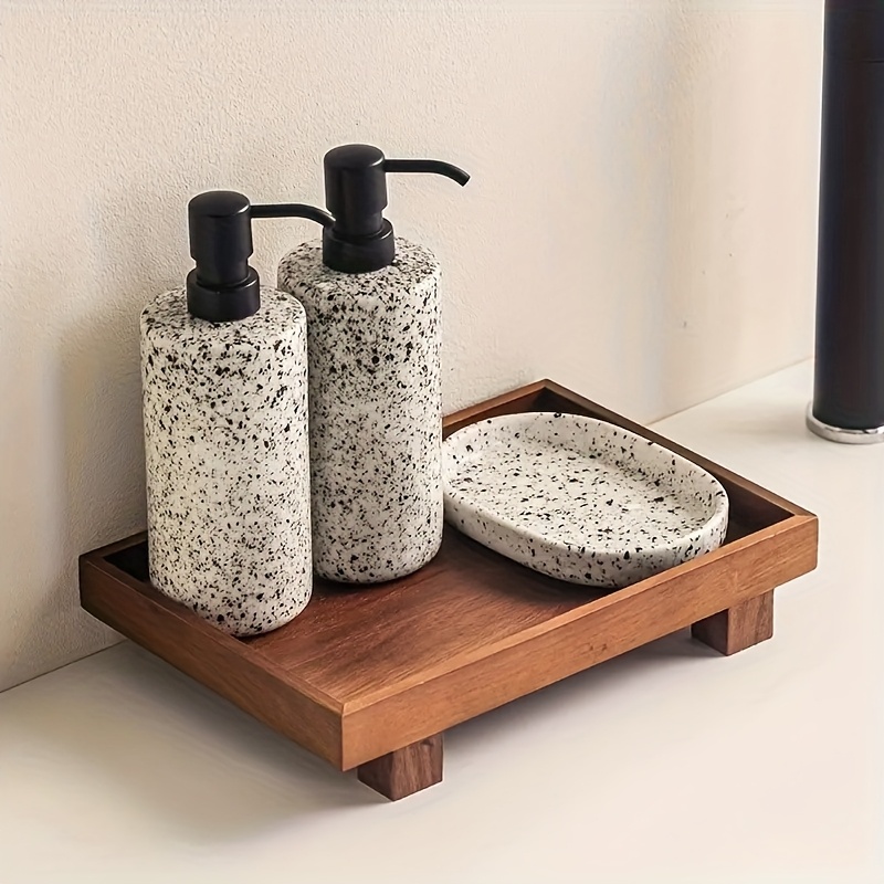 Walnut Bathroom Tray, Chinese Style Minimalist Organizer With Non-slip Surface, Grey Marble Design For Countertop Organization | Multi-functional Toiletry Storage, Solid Wood , Versatile, Space-