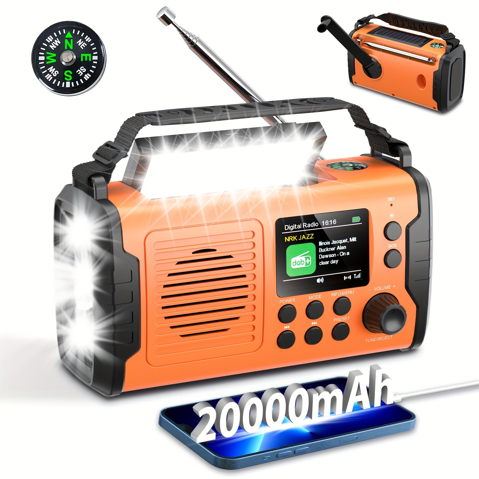 Image of 20000mah Hand Crank Emergency Weather Radio With Wireless Bt 5.3, Mobile Phone Charging, Dab+/fm Radio With Tf Card, Aux In, Tft Screen, Alarm Function, Compass Sos For Camping Outdoor