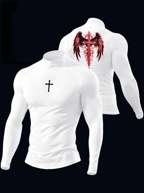 larawan ng item -ehersisyo sa gym na high-neck na t-shirt para sa mga lalaki na may muscle cross print - buong-katawan na masikip na t-shirt na -training na may moisture-wicking at stretch na angkop para sa gym, yoga, tennis - -lahat ng panahon na damit - para sa mga lalaki