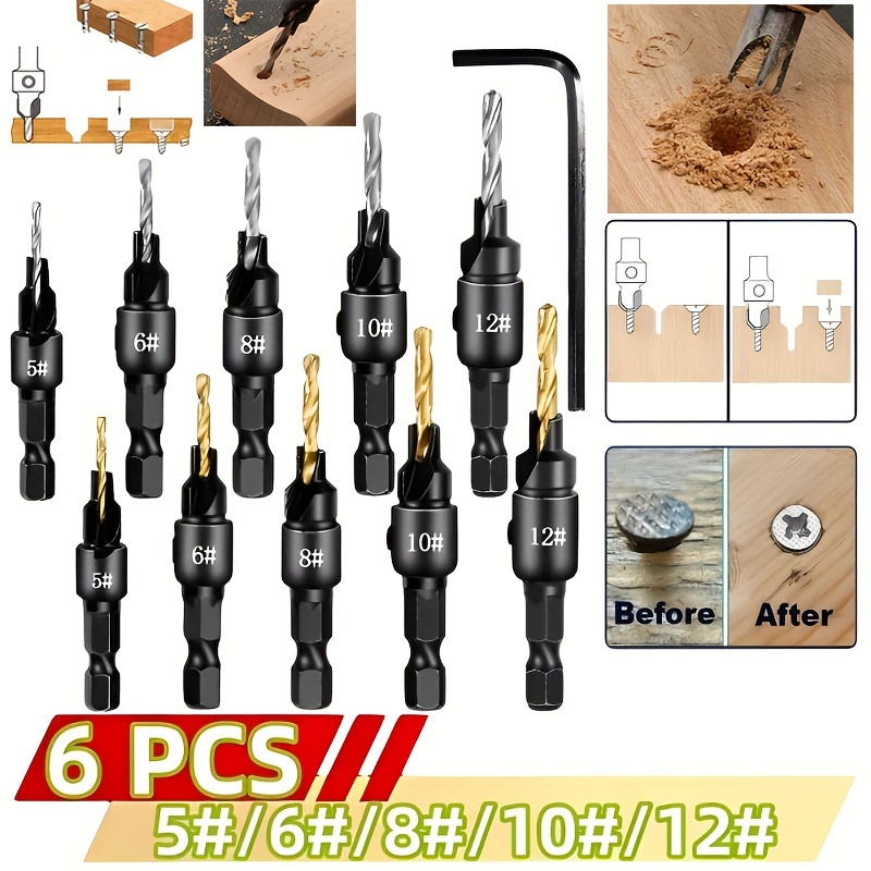 

[5+1]pcs Countersink Drill Woodworking Drill Bit Set Drilling Holes For Screw Sizes #5 #6 #8 #10 #12 Cutter Screw Hole Drill