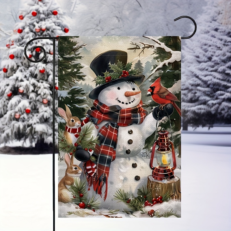 

1pc Linen Garden Flag Double Sided Printing Snow Rabbit 12x18inch Garden Flag For Winter Christmas Newyear Outdoor Yard Decor Garden Flag( Stand)