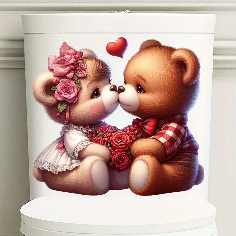 

1pc Valentine's Day Toilet Seat Sticker - Romantic Bathroom Decoration With Bear Couple, Red Roses & Hearts, Self-adhesive Home Decor Wall Sticker, Gift For Valentine’s Day, Bear Bathroom Decor