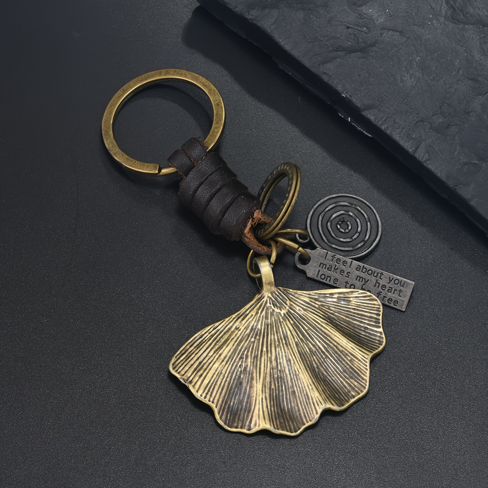 Image of New Popular Creative Keychain In Europe And America, Small Gift For Men And Women, Alloy Vintage Brass Ginkgo Leaf, Vintage Braided Leather Pendant