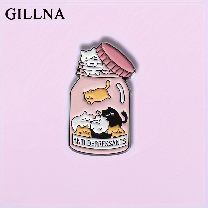 

1pc Gillna Enamel Pin, Cute Anti-depressants Cats Jar Badge, Mental Health Brooch, Zinc Alloy, Fashion Accessory For Women, No Power Required, Cat Lady Meow Animal Pill Gift Jewelry